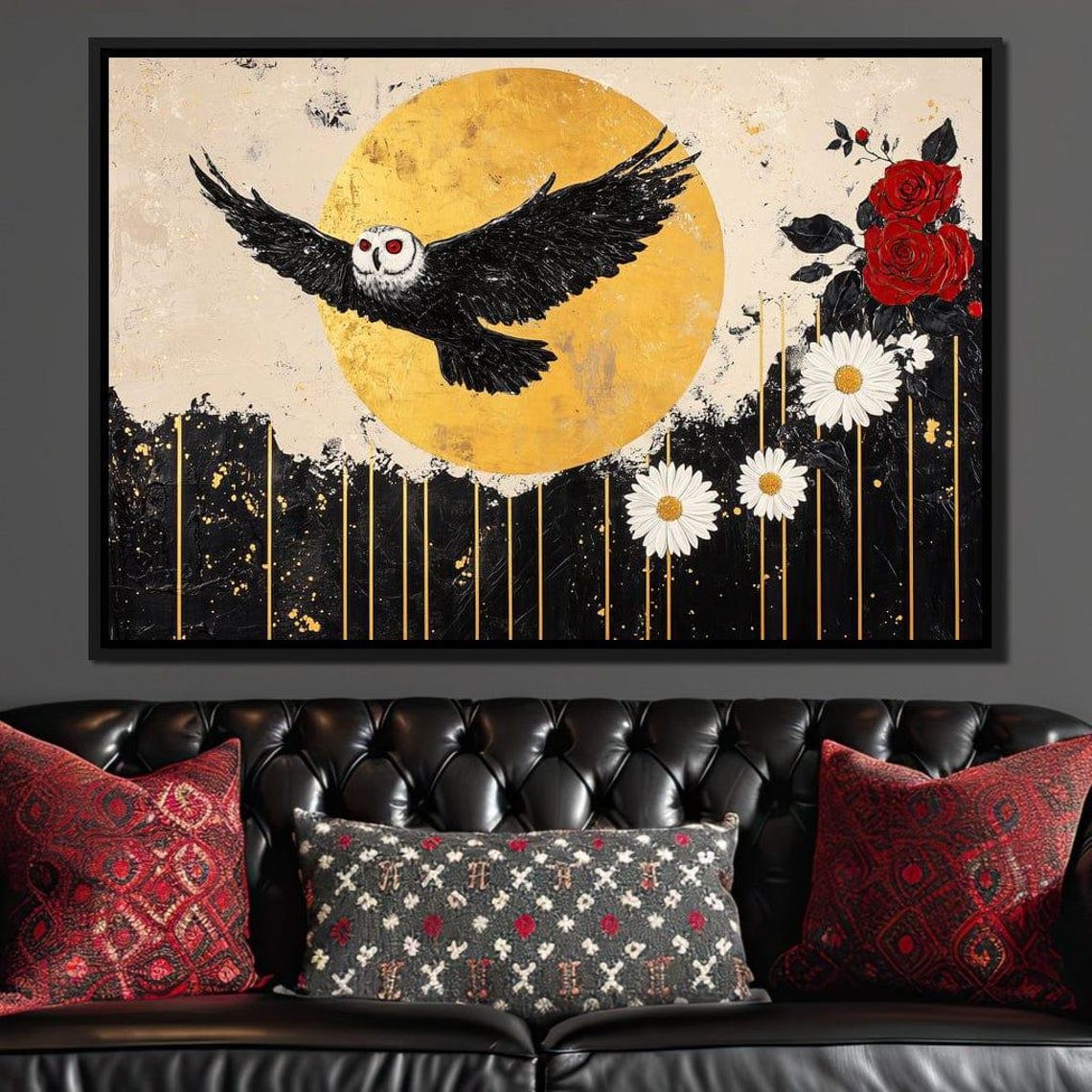 Black Barn Owl Flying Under Golden Moon Roses Daisies Art Poster