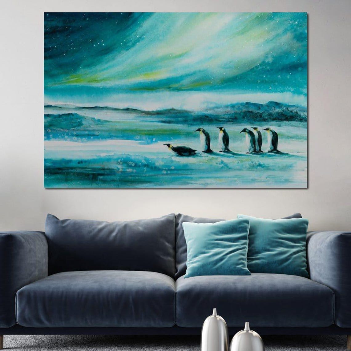 Penguins Under Aurora Borealis Arctic Night Sky Wildlife Wall Art - Image 3