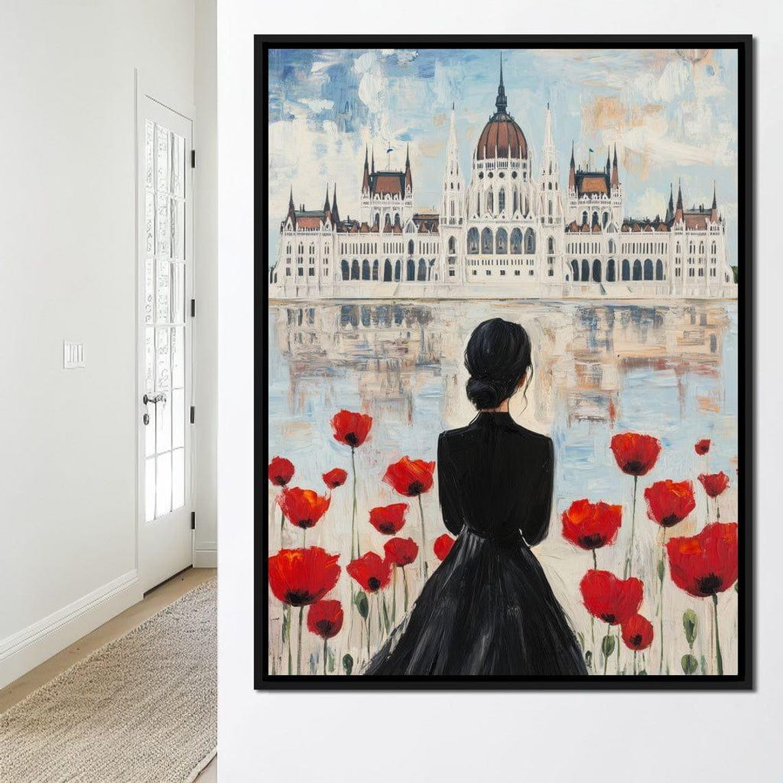Budapest Parliament Building Reflection With Red Poppies Travel Poster - Image 4