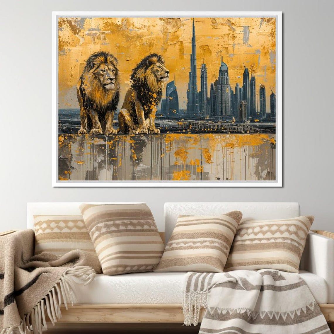 Twin Lions Dubai Skyline Gold Leaf Urban Wildlife Art Wall Poster - Image 3