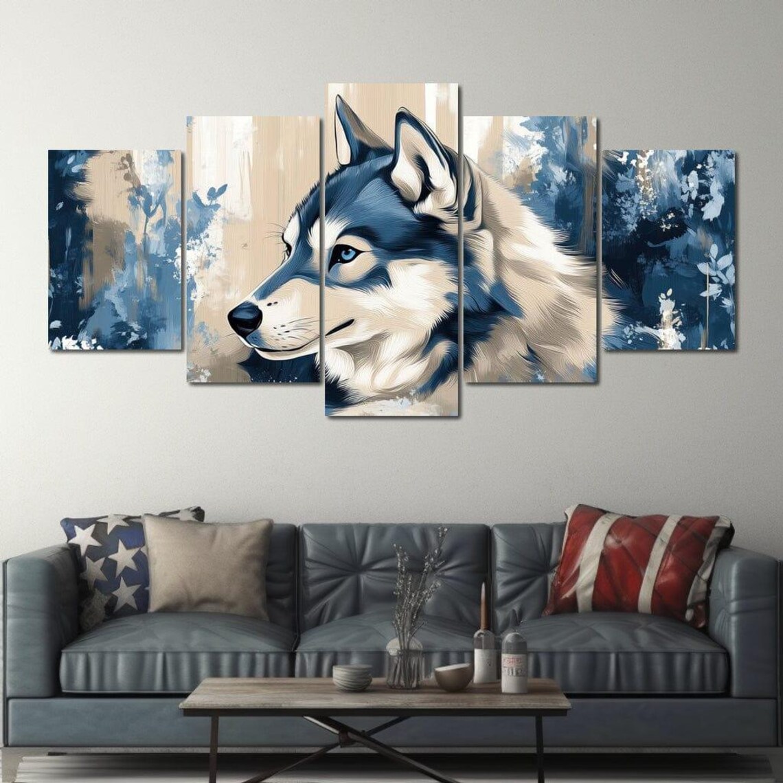 Blue Cream Wolf Profile Portrait Abstract Forest Painterly Wildlife Poster - Image 4
