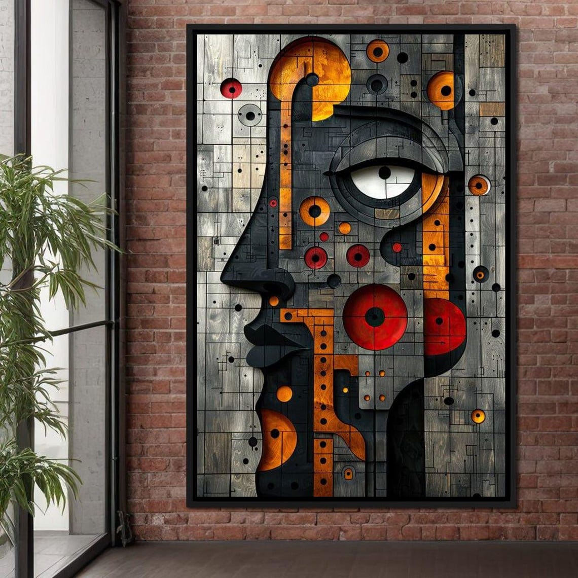 Geometric Abstract Face Profile Bold Orange Red Gray Cubist Art Print