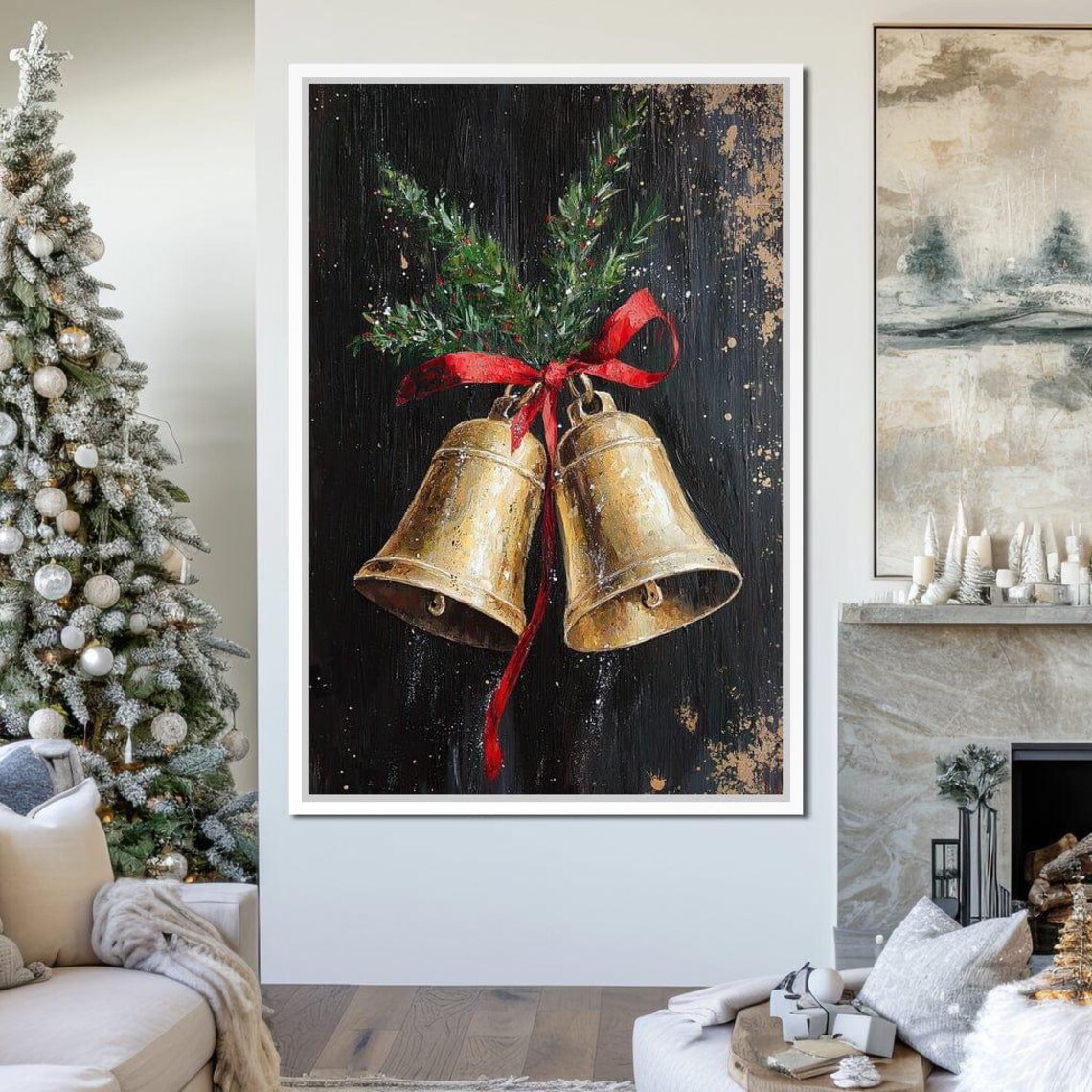 Golden Christmas Bells With Red Ribbon Pine Black Holiday Poster - Image 2