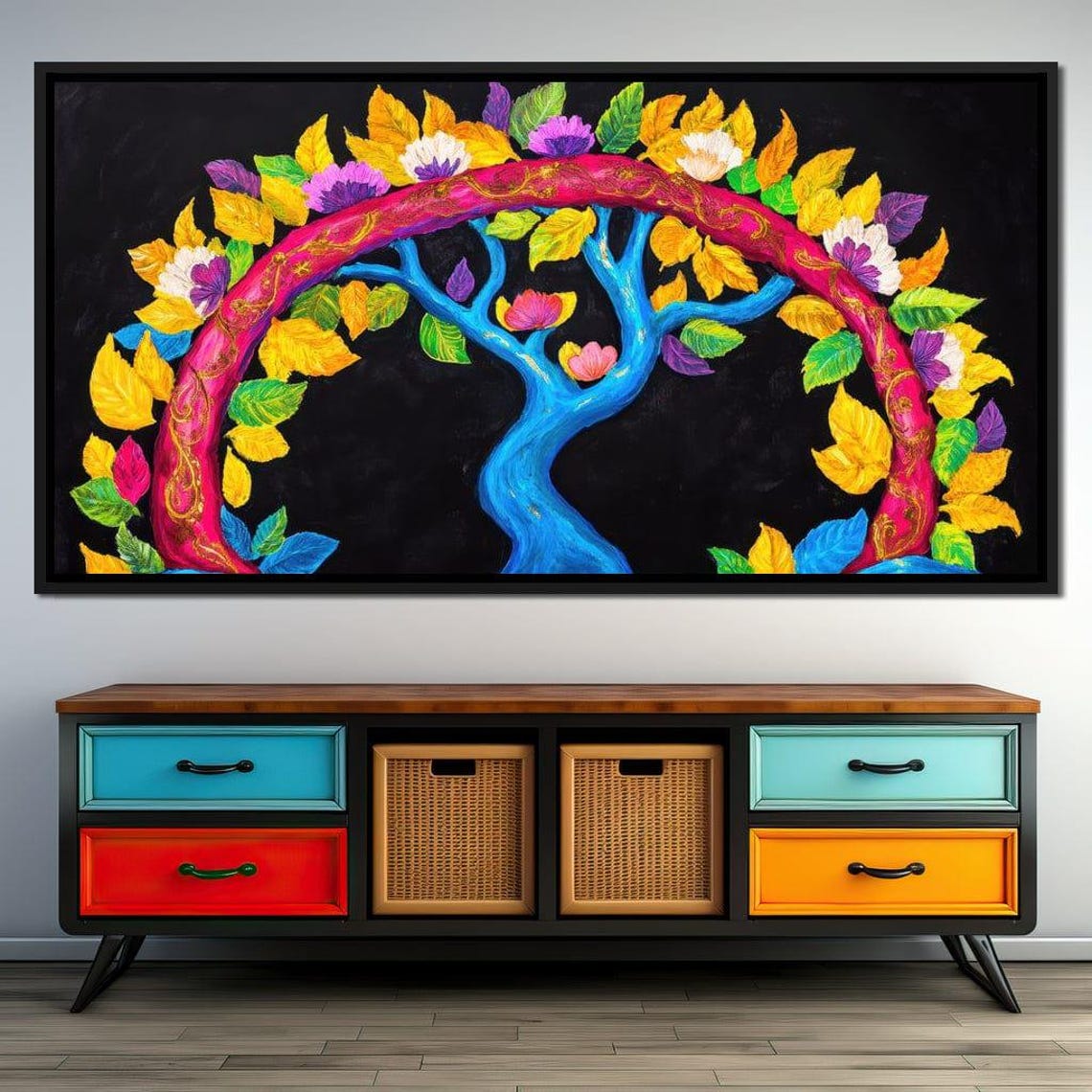 Rainbow Tree Of Life On Black Canvas Colorful Folk Art Style Poster