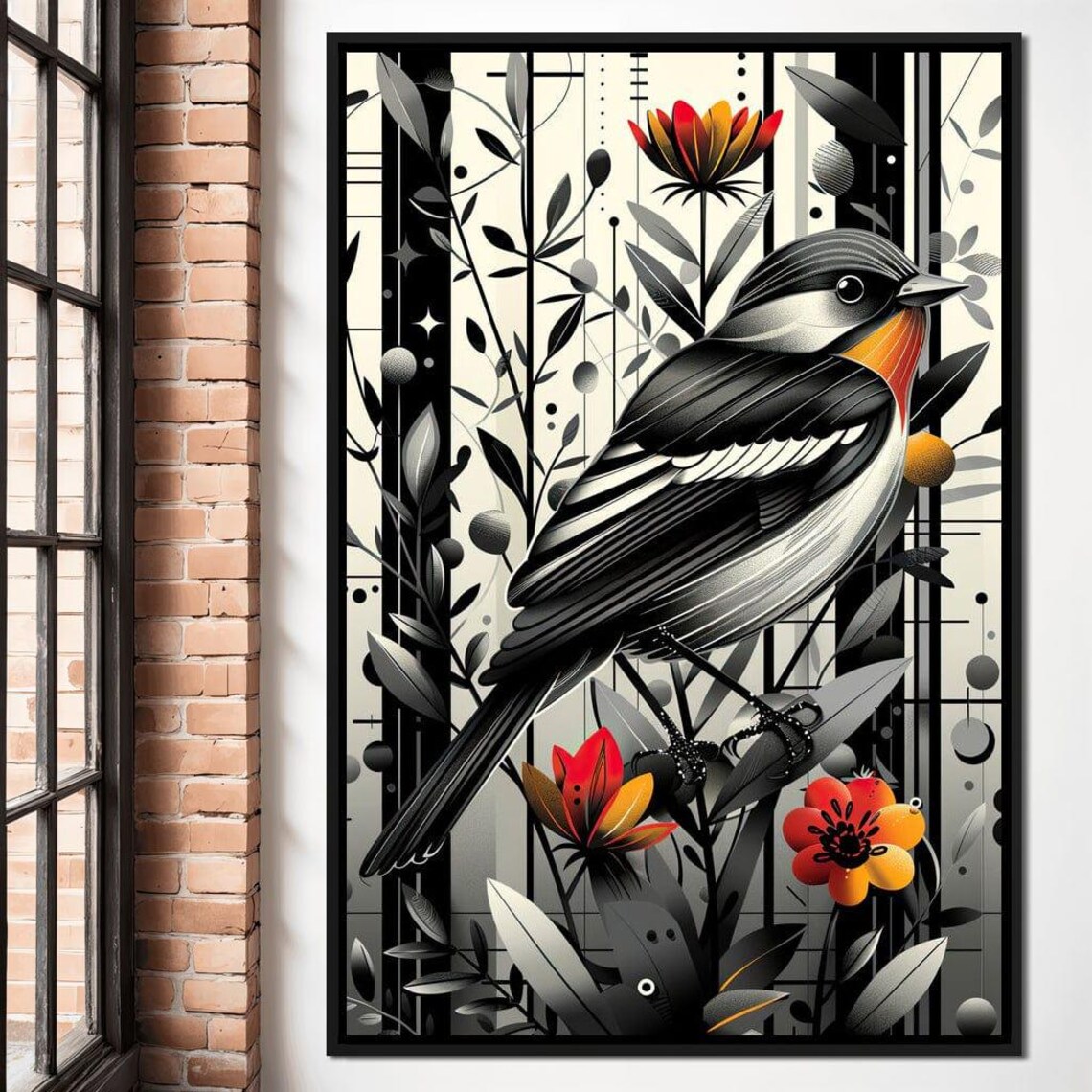 Songbird Orange Throat Red Blossoms Monochrome Nature Art Poster - Image 4