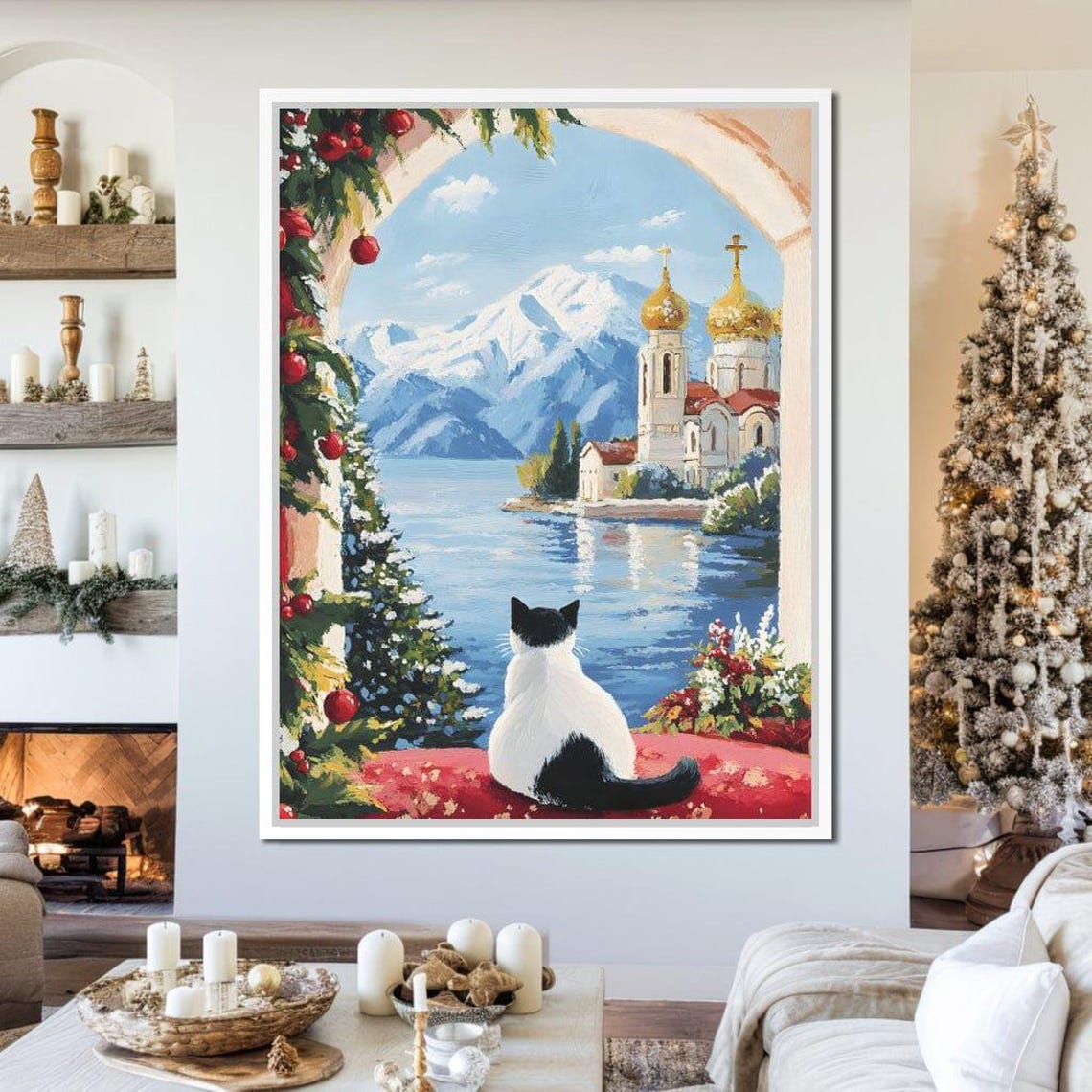 Cat Watching A Lake Chapel And Snowy Mountains Winter View Poster