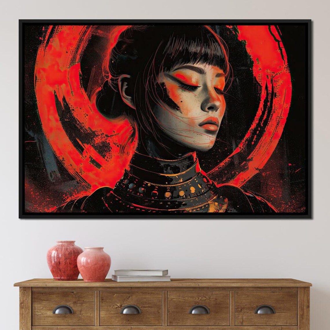 Japanese Geisha Red Moon Warrior Woman Fantasy Portrait Art Print - Image 2