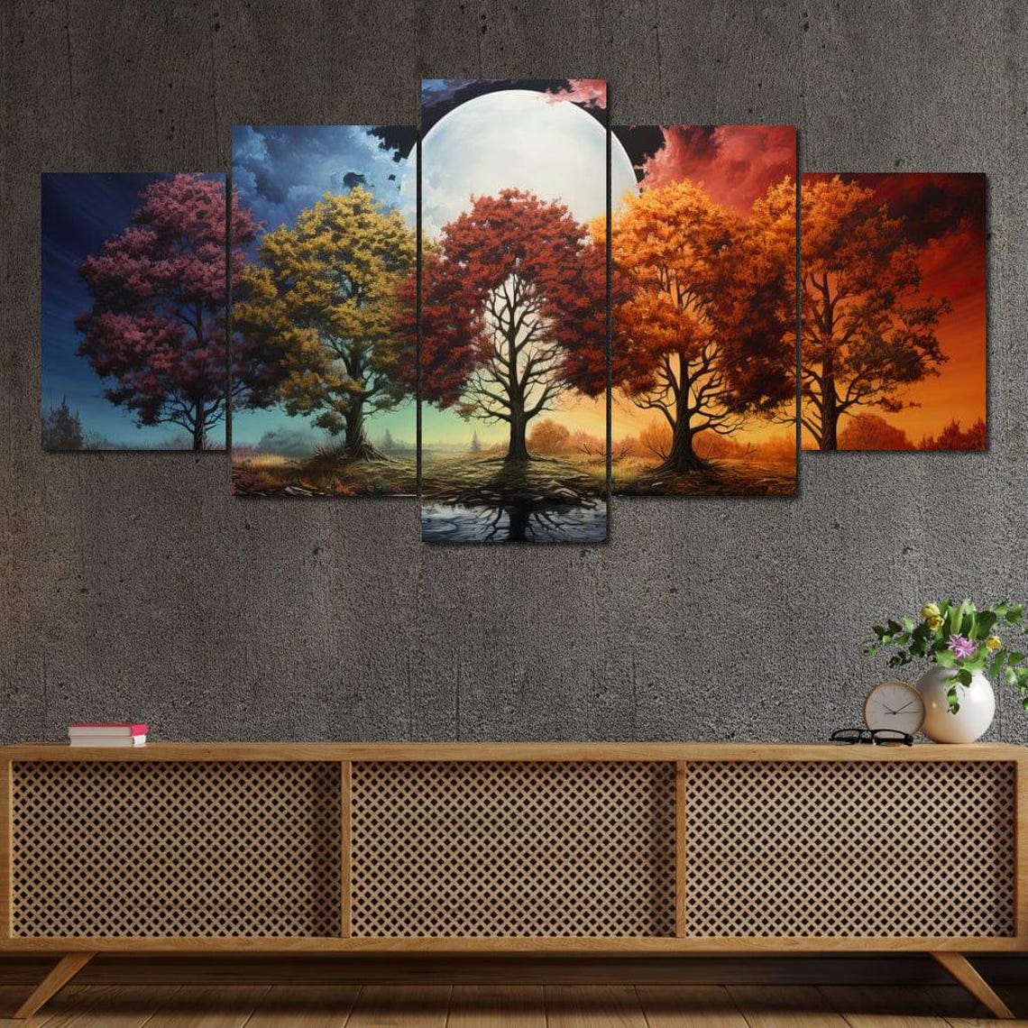 Four Seasons Five Trees Full Moon Five Panel Nature Wall Art Poster