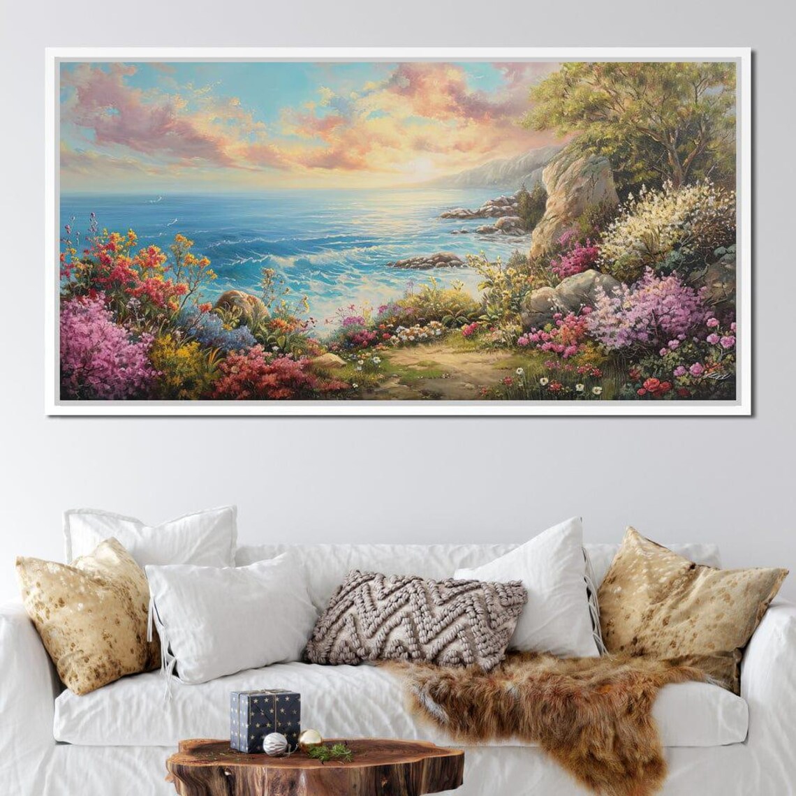 Coastal Cliff Garden Flowers Turquoise Sea Sunset Travel Poster - Image 2