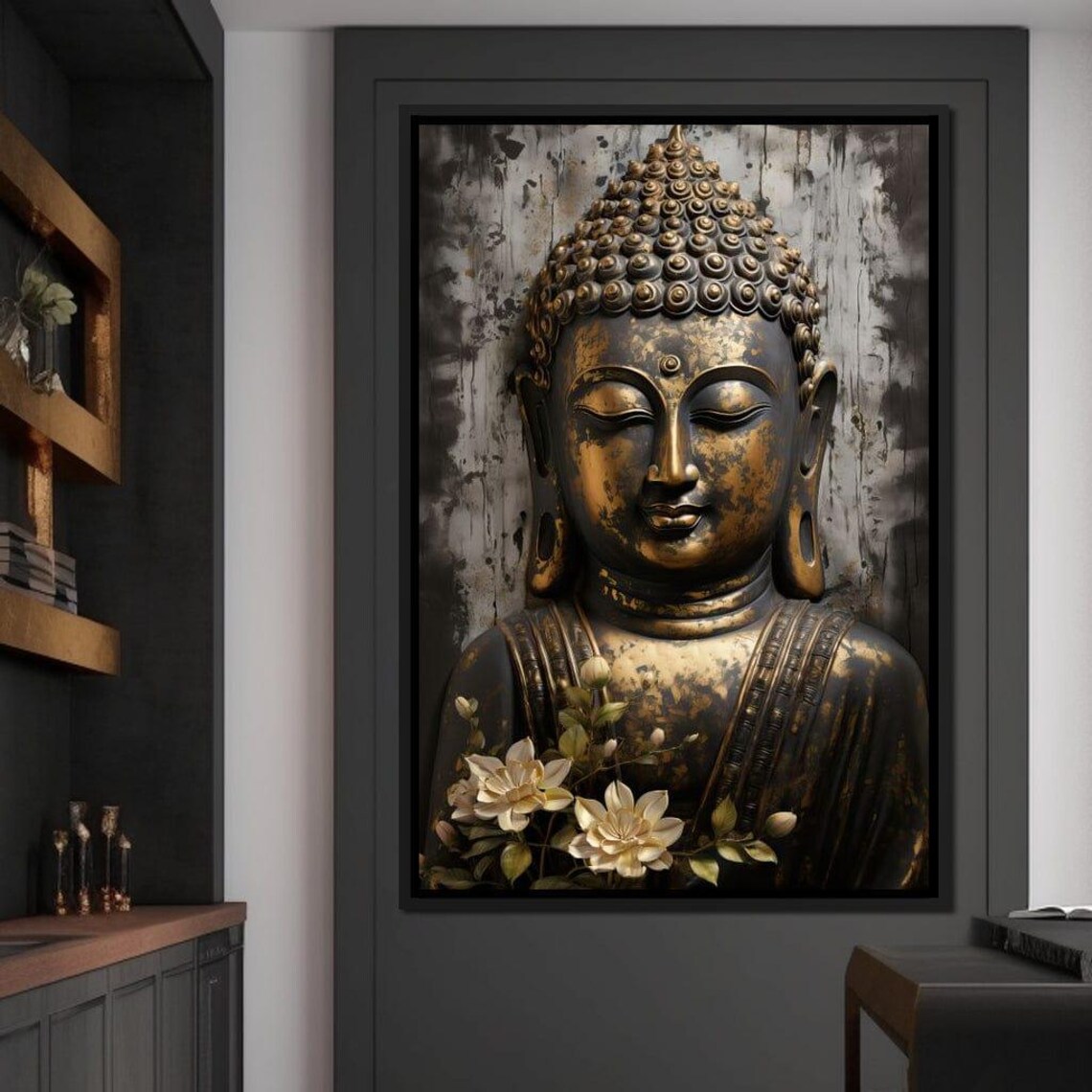 Golden Buddha Head Sculpture Black Gold Zen Meditation Serene Art Poster