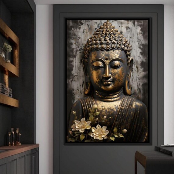 Golden Buddha Head Sculpture Black Gold Zen Meditation Serene Art Poster