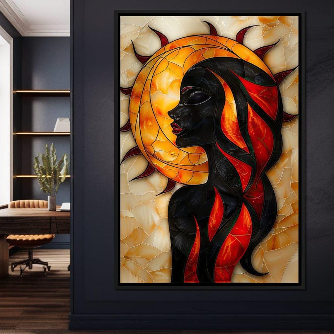 Solar Siren Stained Glass Fire Goddess Red Black Flame Mosaic Poster