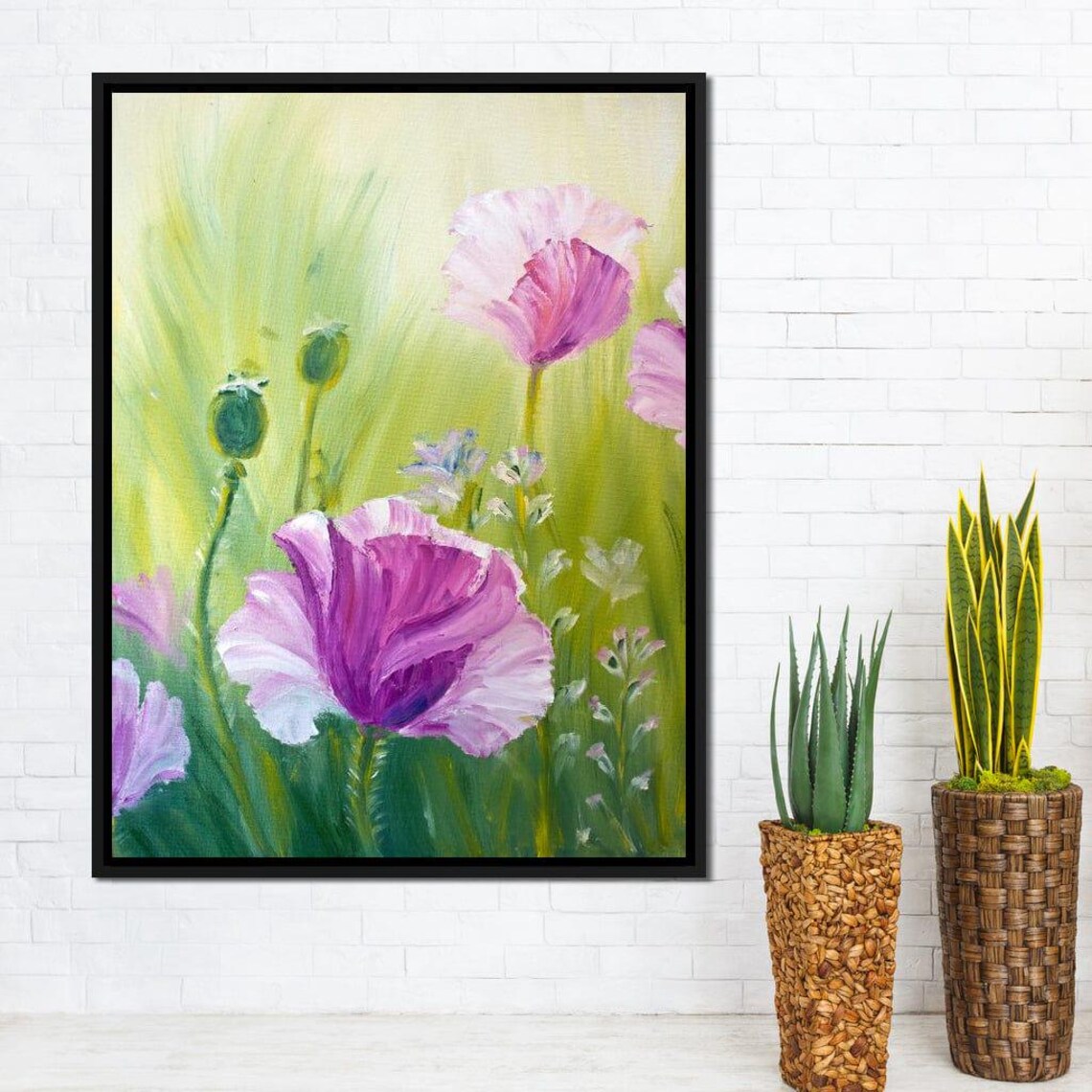 Purple Poppies Meadow Oil Painting Green Floral Wall Art Print - Image 2