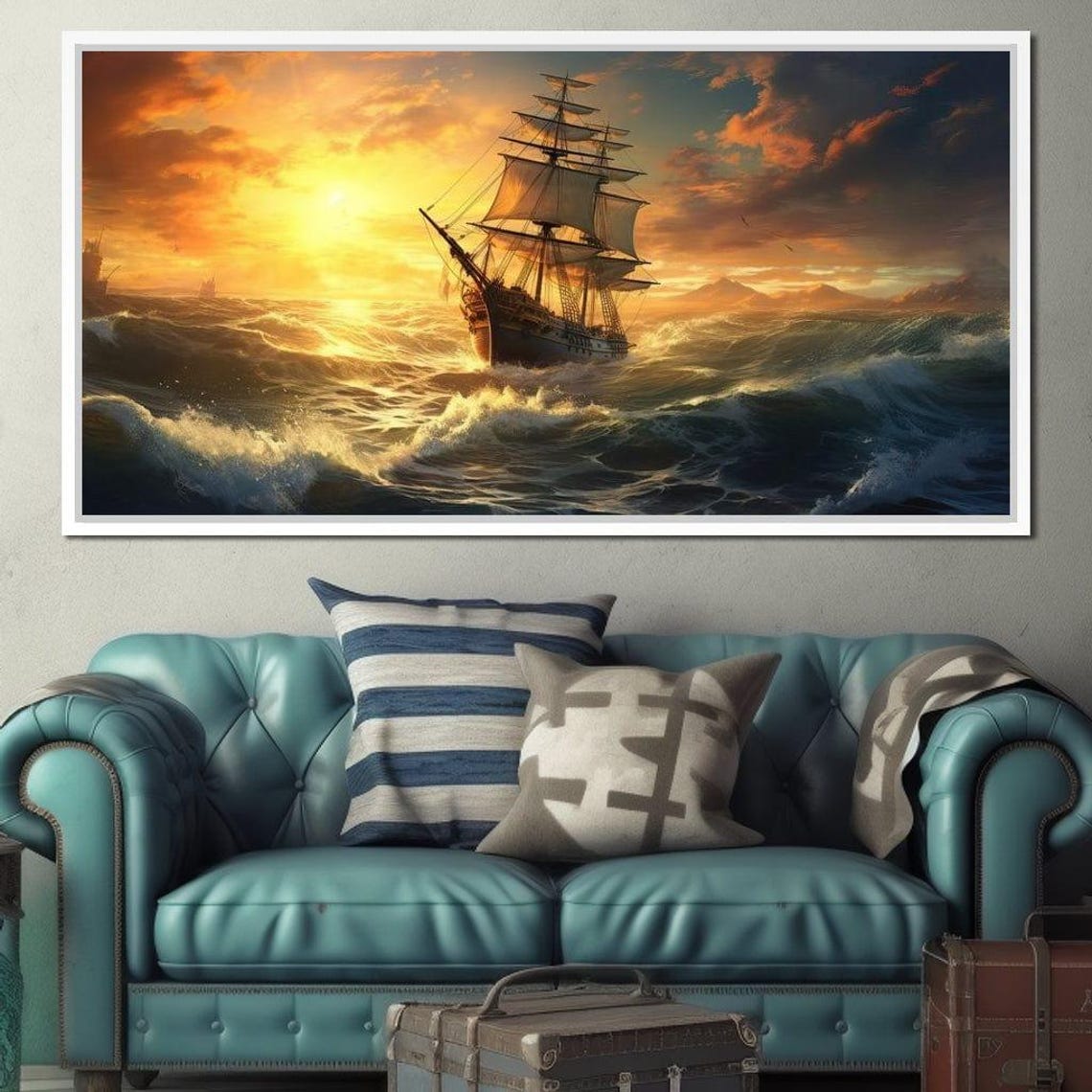 Tall Sailing Ship Sunset Ocean Waves 5 Panel Canvas Nautical Art Print - Image 3