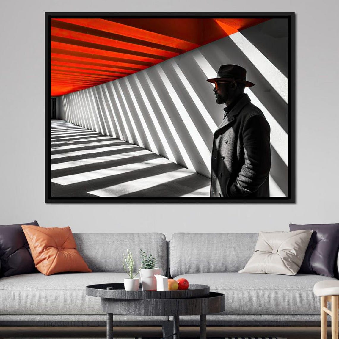 Man Fedora Hat Red Ceiling Light Shadow Corridor Noir Style Poster - Image 3