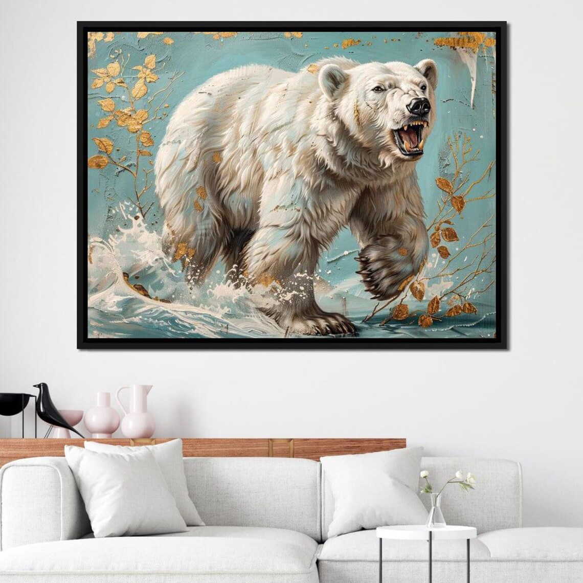 Polar Bear Roaring Arctic Wildlife Splashing Water Teal Gold Painting Wall Poster - Image 4