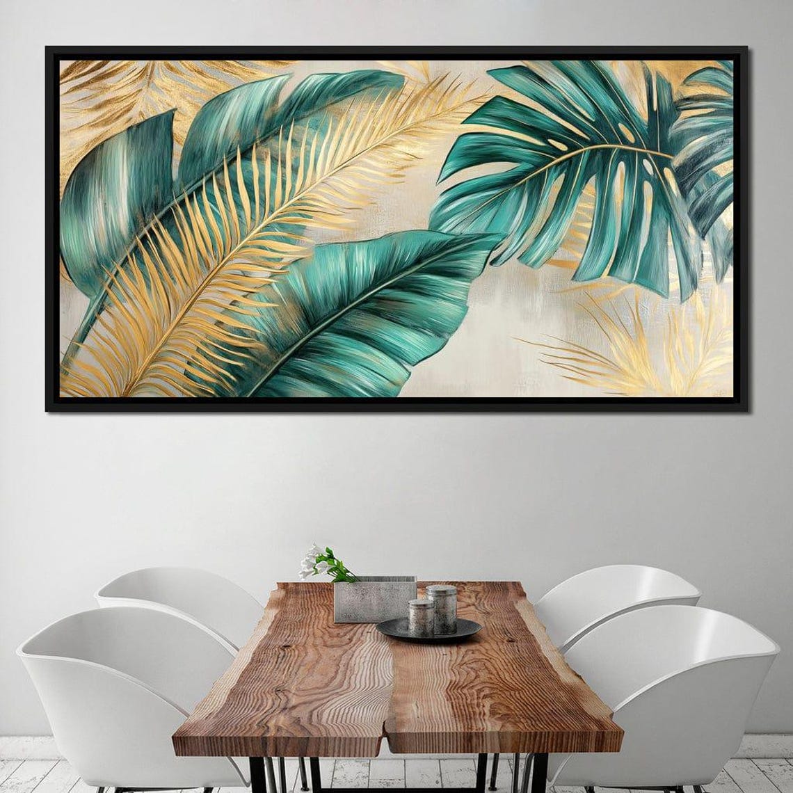 Teal Banana Leaves Gold Palm Fronds Cream Tropical Chic Wall Art - Image 3