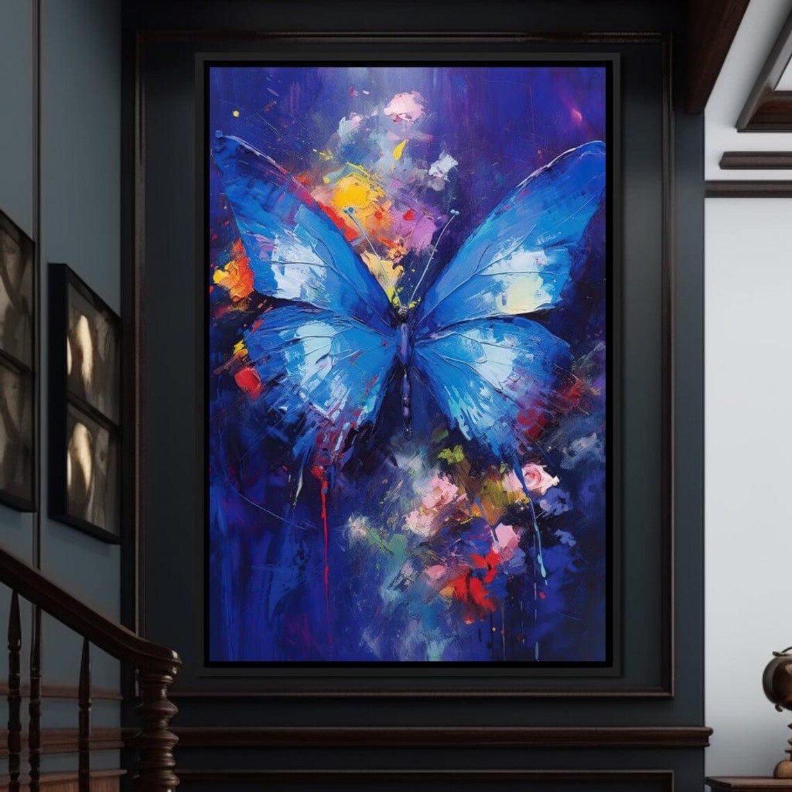 Blue Butterfly Painting Vivid Abstract Floral Nature Wall Art
