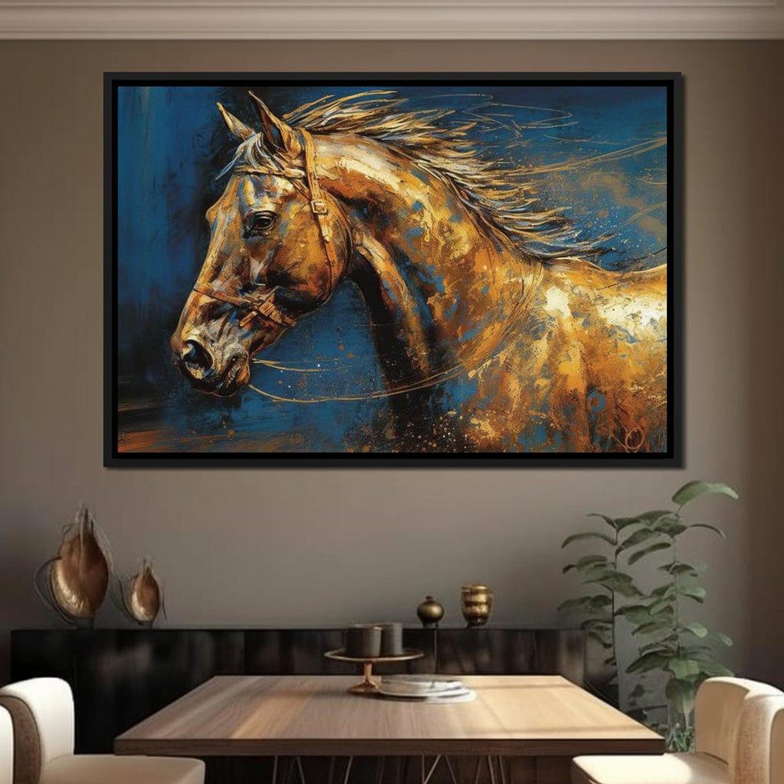 Golden Horse Head Portrait Deep Blue Background Gilded Art Wall Print - Image 3