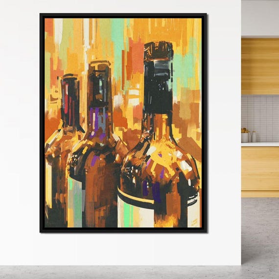 Three Bottles Of Wine Abstract Wine Art Modern Oil Painting Vintage Style Kitchen Decor Bold Colors Wall Art By Nichecanvas