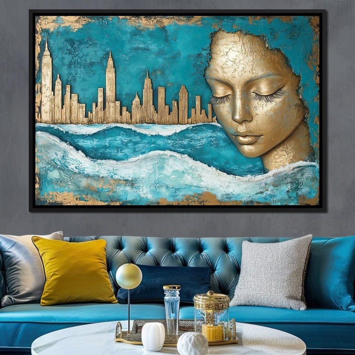 Gold Manhattan Skyline Teal Waves Golden Woman Face Surreal Poster - Image 4