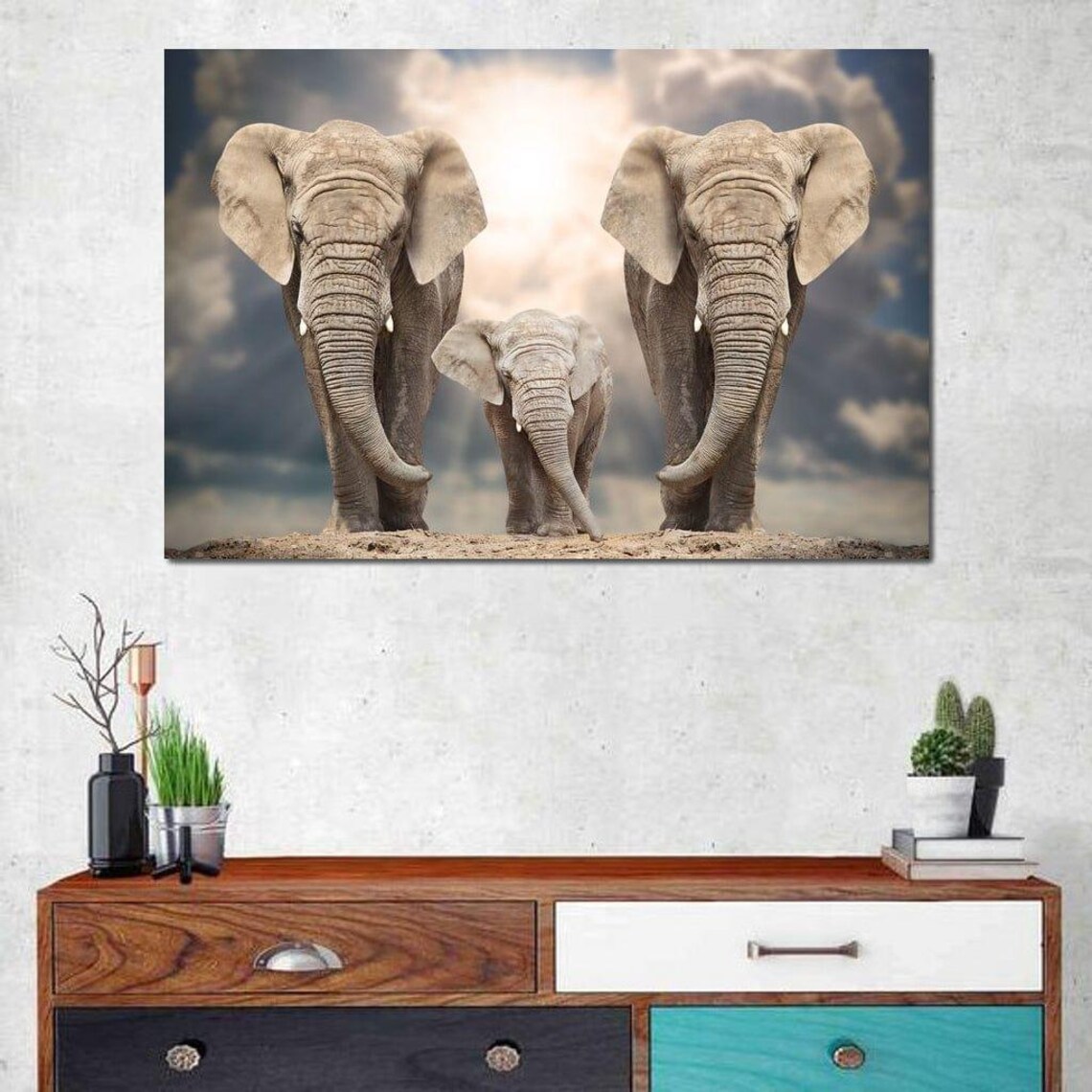 Elephant Family Mother Calf Under Golden Sky Safari Wildlife Art Poster - Image 4