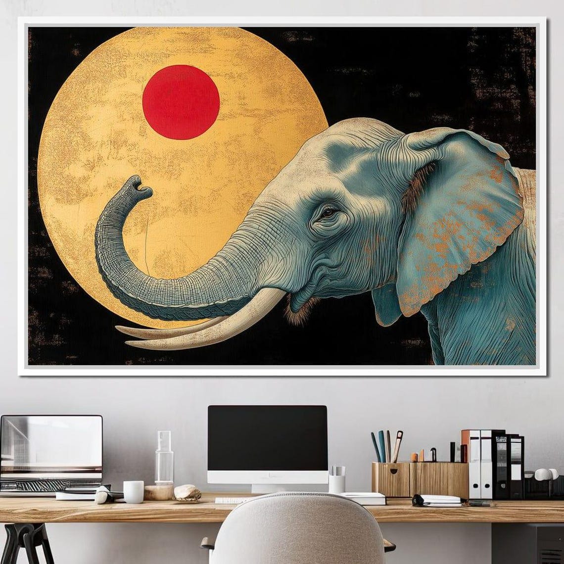 Blue Elephant Gold Moon Red Sun Japanese Style Wildlife Poster - Image 3