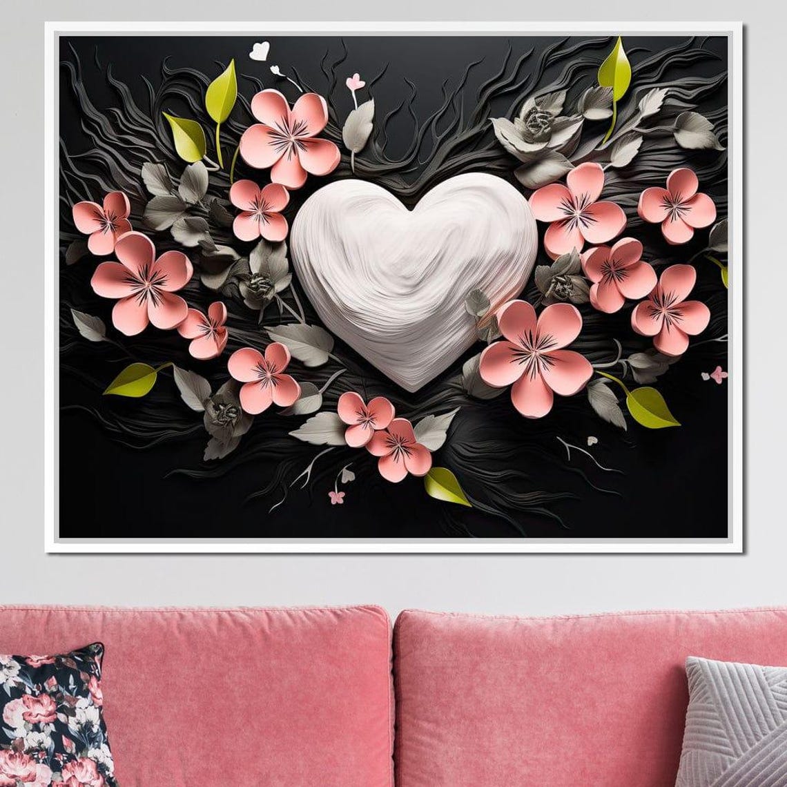 White Heart Pink Cherry Blossoms Black Romantic Love Art Poster