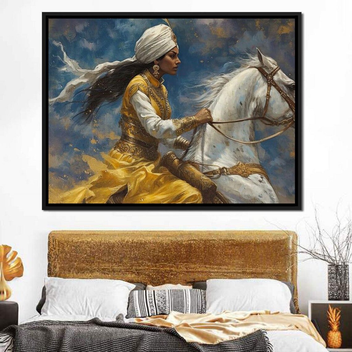 Golden Gallop Woman In Gold Riding White Horse Stormy Sky Art Poster - Image 4
