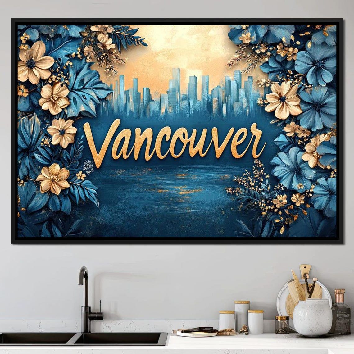 Vancouver Gold Script Blue Floral Cityscape Sunset Skyline Poster