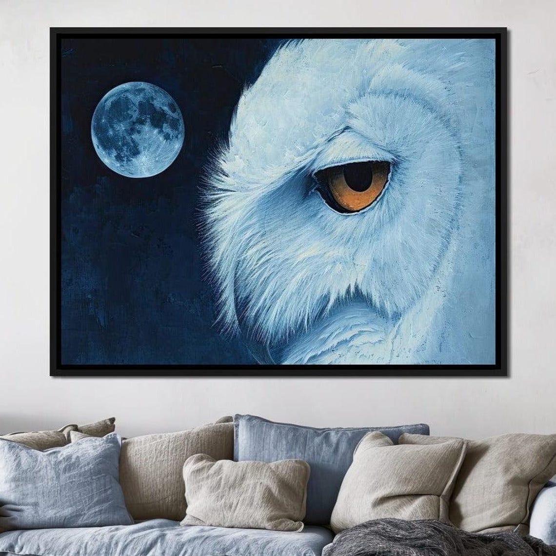 Snowy White Owl Amber Eye Full Moon Midnight Blue Wildlife Poster