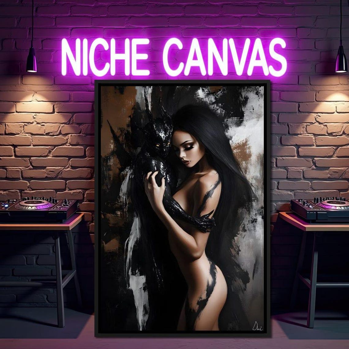 Dark Fantasy Woman Embracing Winged Creature Gothic Abstract Poster