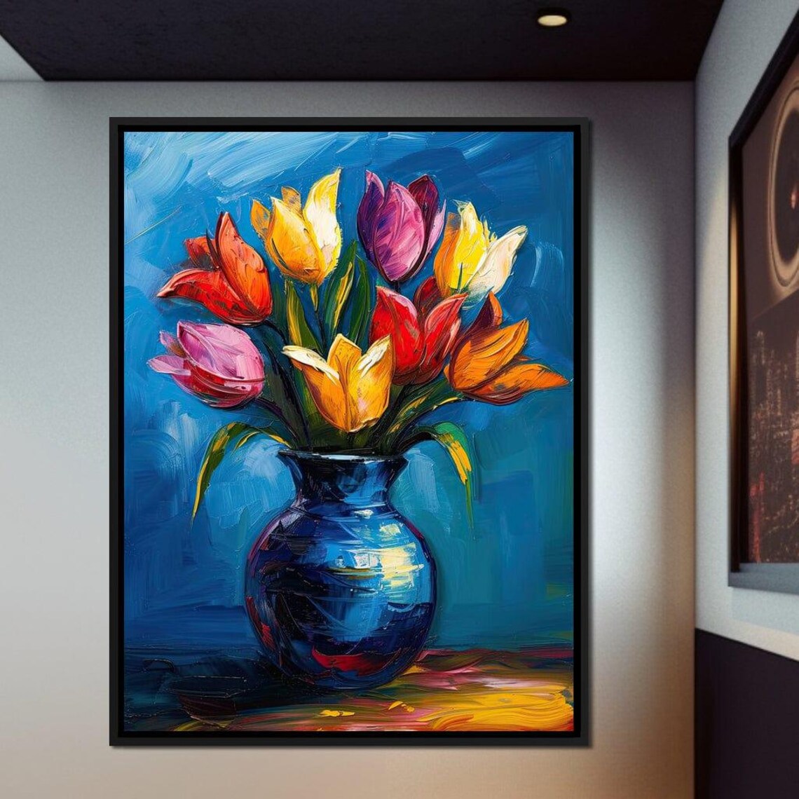 Colorful Tulips Bouquet Blue Vase Impasto Oil Painting Floral Poster