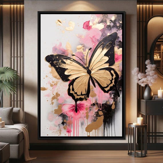 Dreamflight In Pink Hues Butterfly Art Elegant Modern Wall Decor Gold Pink Insect Wings Nature Inspired Home Decor By Nichecanvas