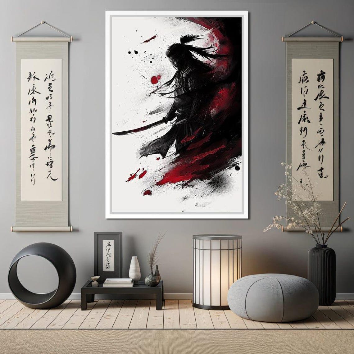 Samurai Warrior Silhouette Katana Black Red Ink Splash Wall Art - Image 4
