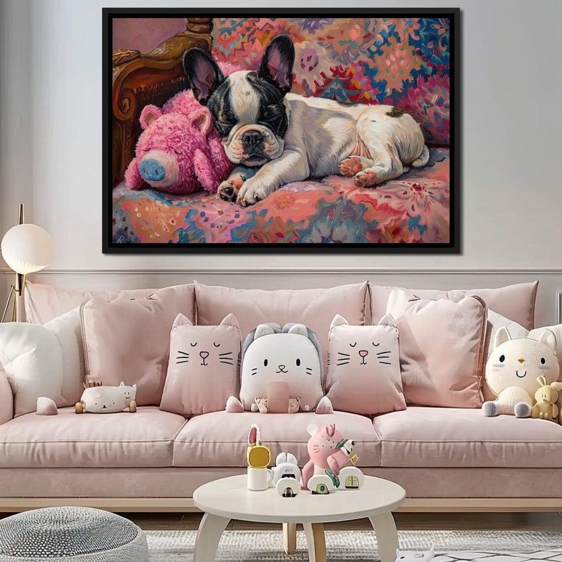 Sleeping French Bulldog Puppy Pink Pig Toy Cozy Oil Painting Wall Art - Image 2