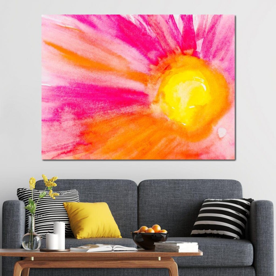 Pink Orange Watercolor Flower Sunburst Petals Bright Floral Art Poster - Image 3