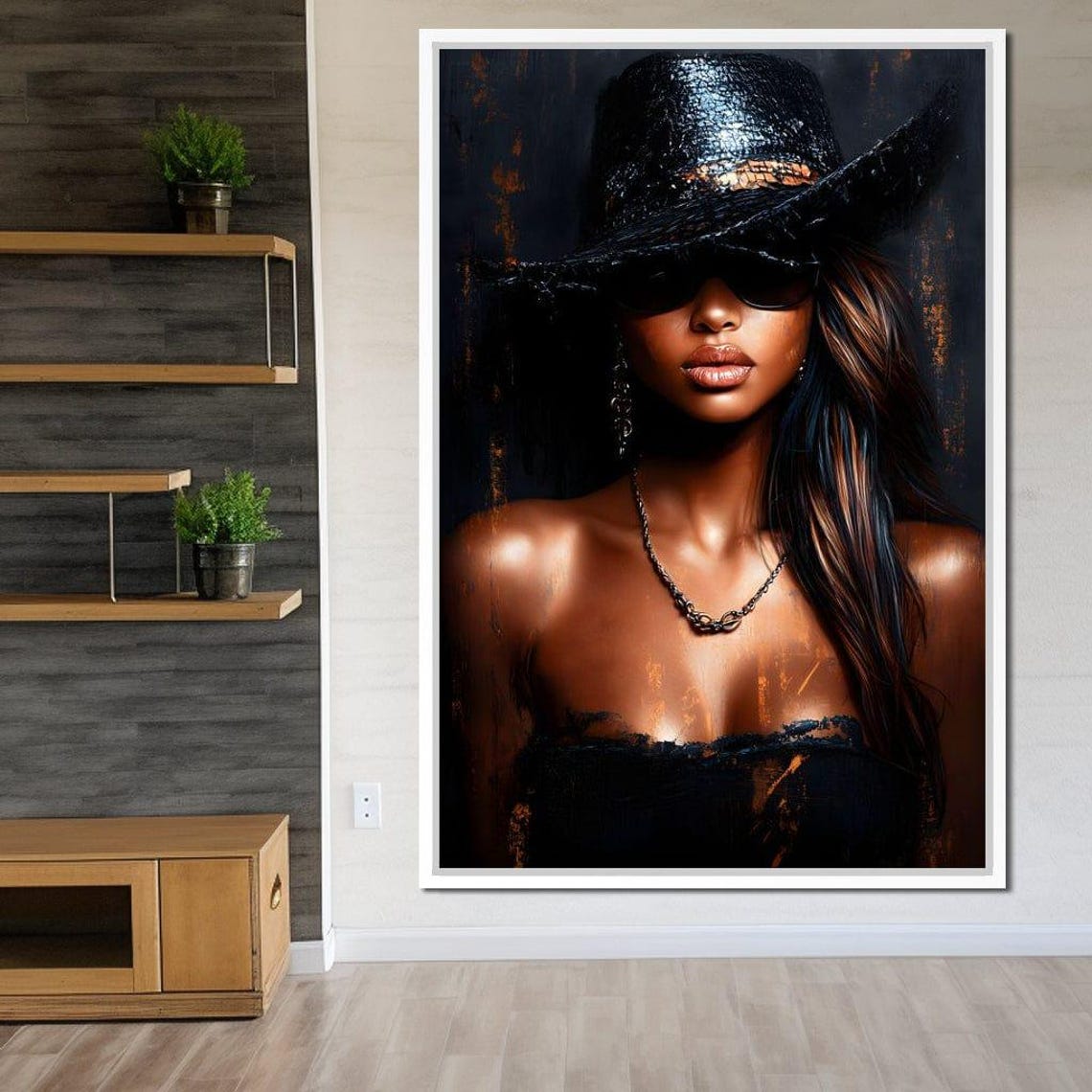Mystery Woman Black Wide Brim Hat Sunglasses Chic Portrait Wall Poster - Image 2