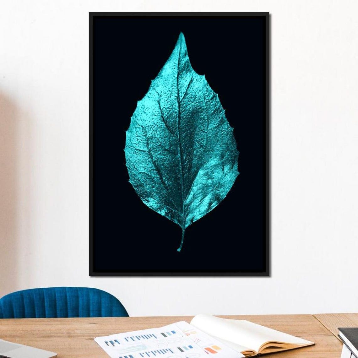 Metallic Turquoise Leaf Black Background Minimal Botanical Art Poster - Image 2