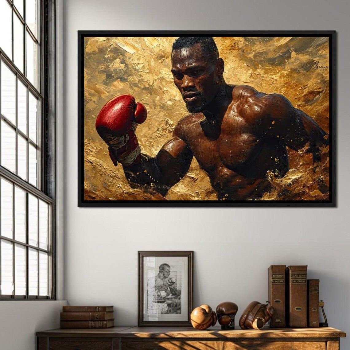 Golden Boxer Fighter Red Glove Dramatic Sports Painting Wall Art