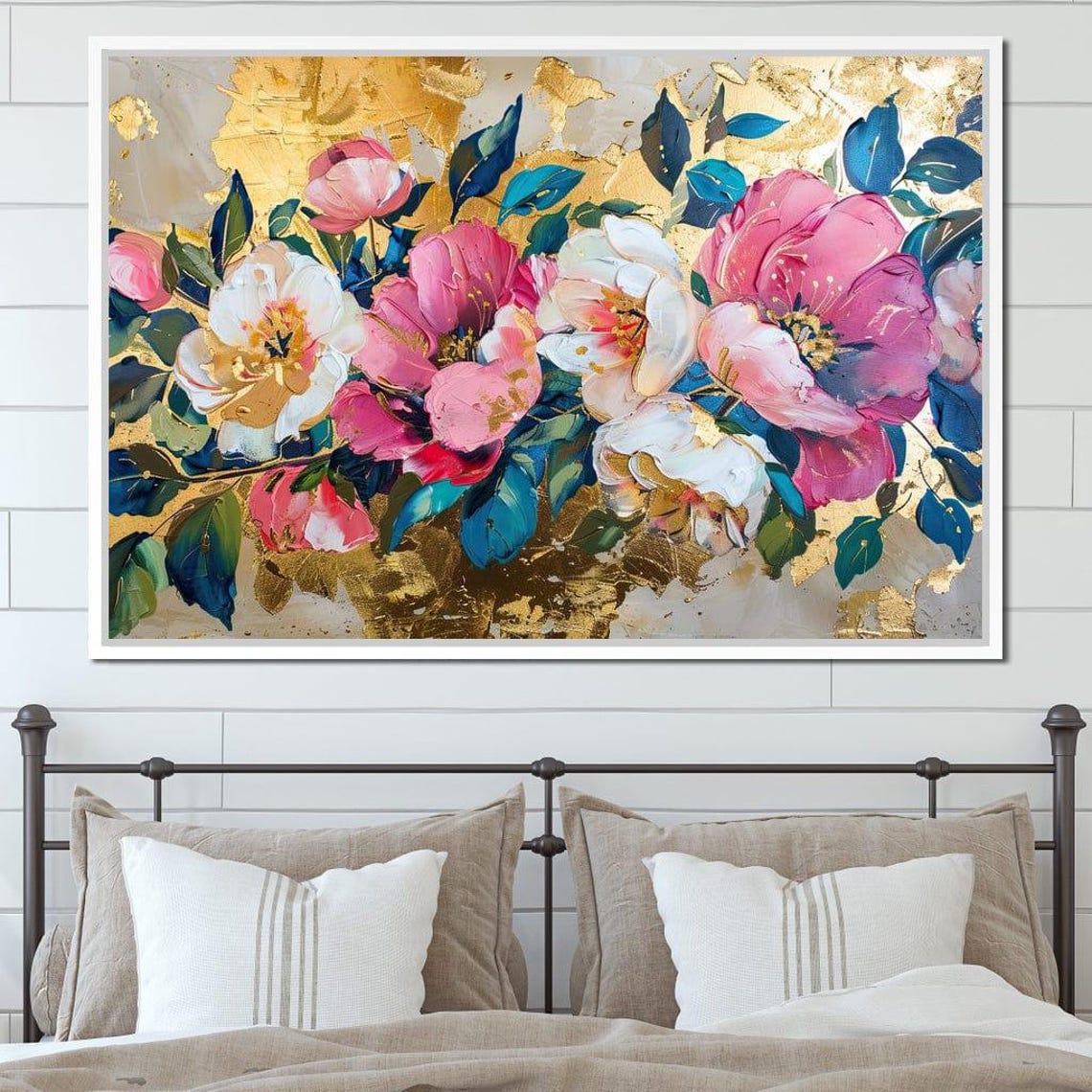 Pink White Blossoms Golden Foil Background Floral Wall Art Poster