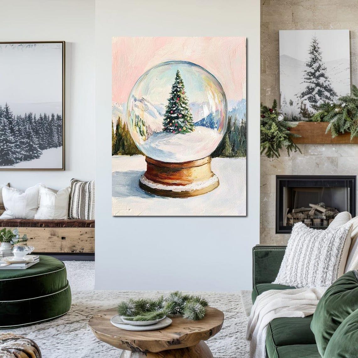 Christmas Tree Snow Globe Pink Pastel Winter Wonderland Art Poster - Image 3