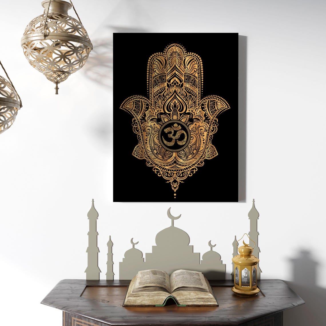 Golden Hamsa Hand Om Symbol Spiritual Black Background Wall Poster
