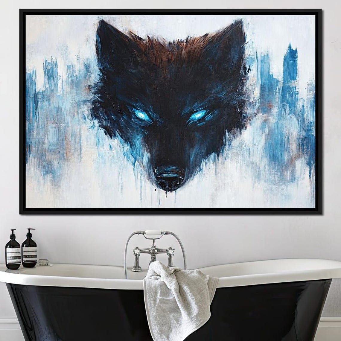 Black Wolf Glowing Blue Eyes Mystical Abstract Wildlife Wall Art - Image 3