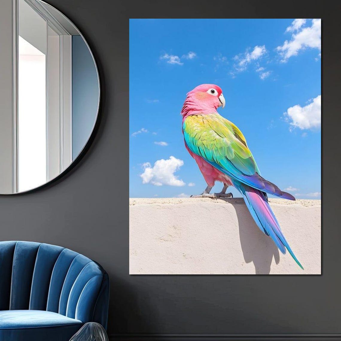 Vibrant Pink Parrot Perched On A Wall Under A Blue Sky Poster - Image 4
