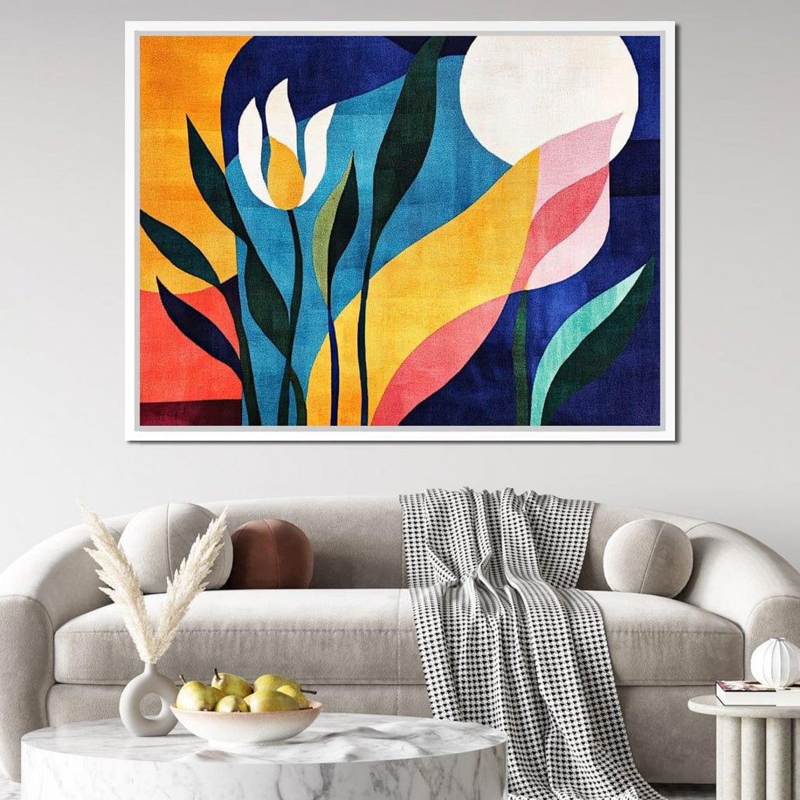 Bold Abstract Tulips Moon Sun Navy Yellow Pink Modern Botanical Poster - Image 2