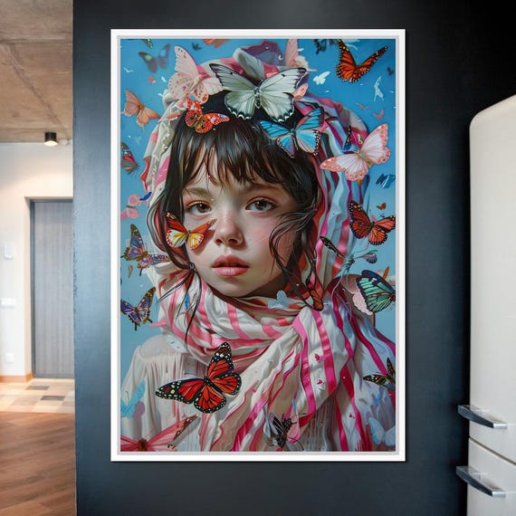 Butterfly Reverie Girls Gaze Colorful Decor Nature Theme Art For Kids Whimsical Design Home Decor By Nichecanvas