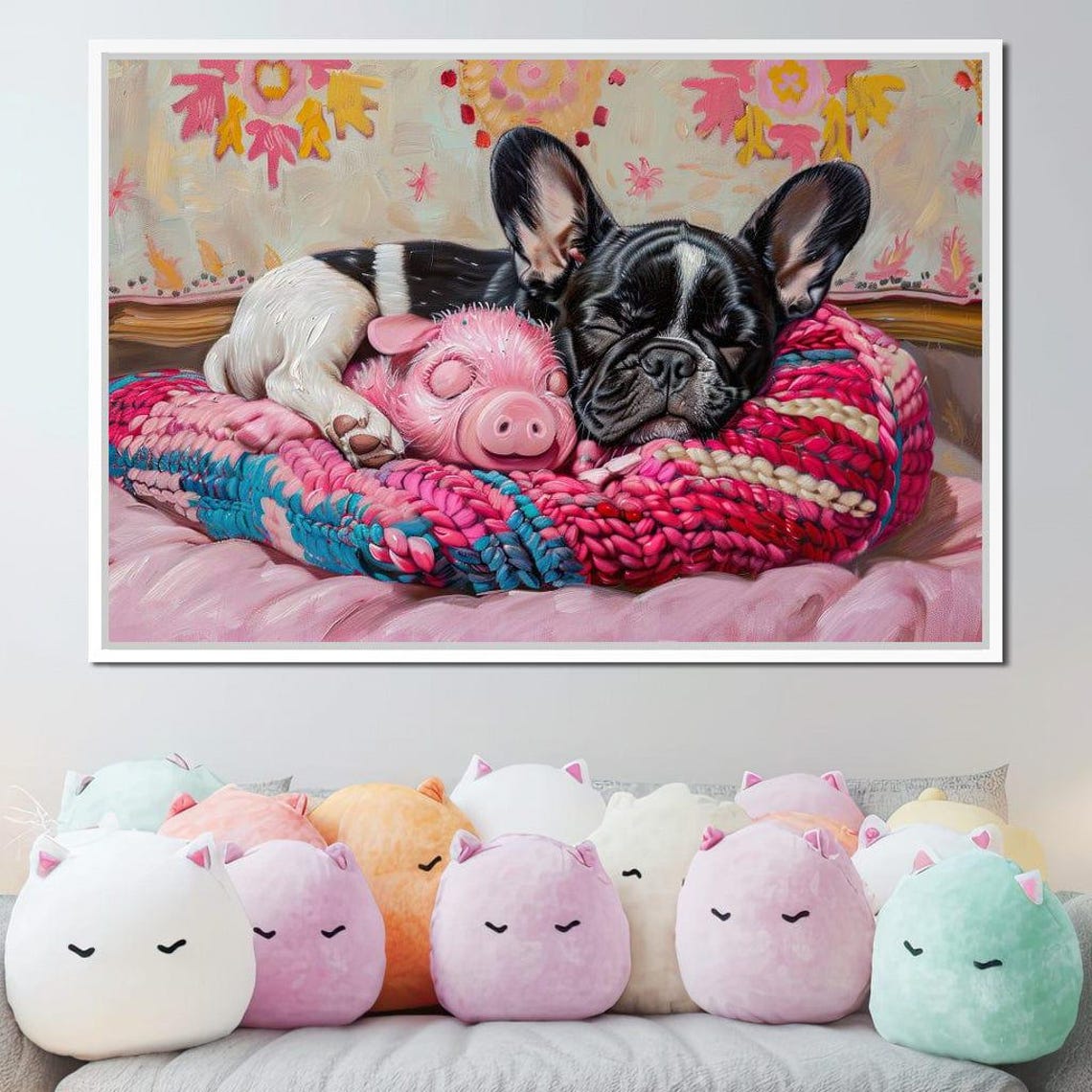 Slumbering Pup And Piglet Cute Animal Art Cozy Home Decor Dog And Piglet Print Nursery Wall Art Sweet Companions By Nichecanvas