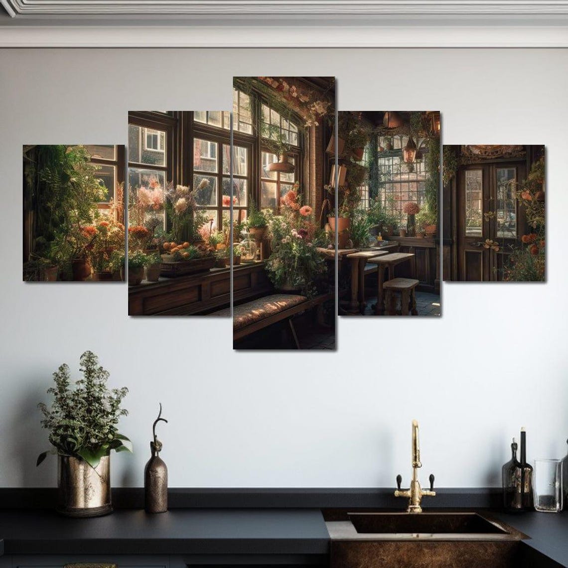 Rustic Plant Filled Cafe Interior Five Piece Split Canvas Wall Art