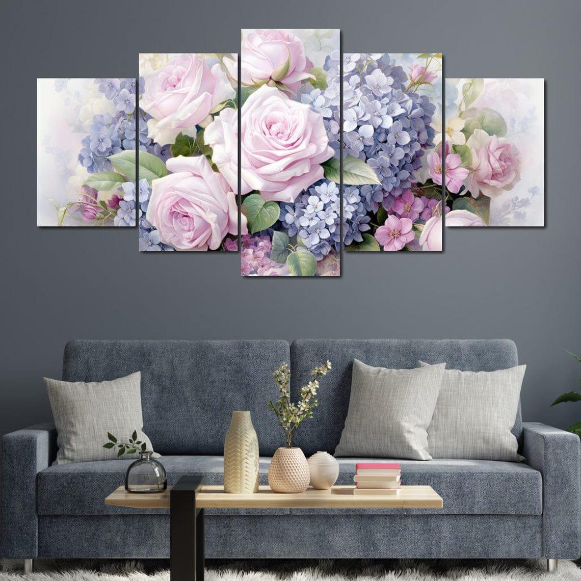 Pink Roses Blue Hydrangea Bouquet Watercolor Spring Art Print - Image 4